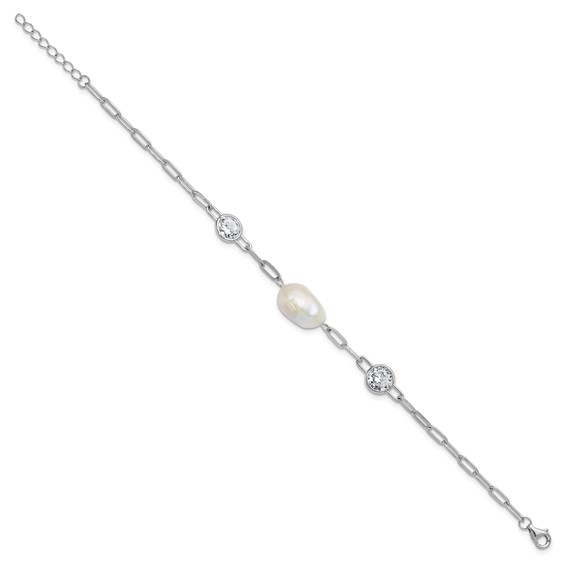 Cheryl M Sterling Silver Rhodium-plated Polished Freshwater Cultured Pearl and CZ Link with .75 Inch Extension Bracelet