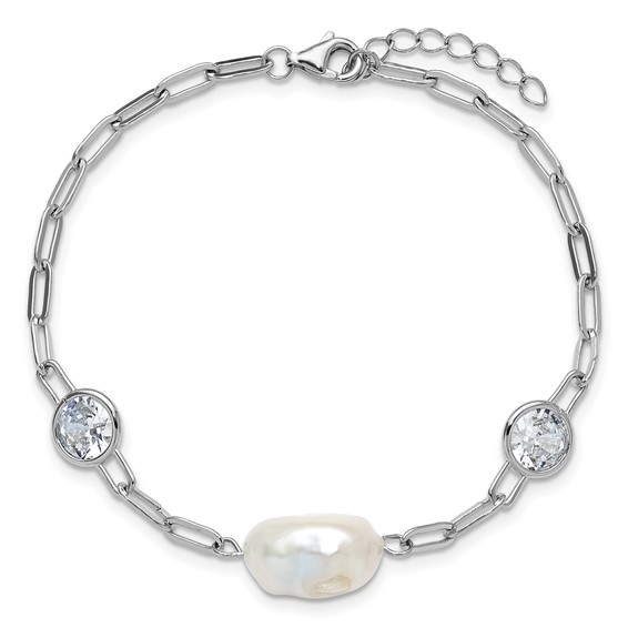 Cheryl M Sterling Silver Rhodium-plated Polished Freshwater Cultured Pearl and CZ Link with .75 Inch Extension Bracelet