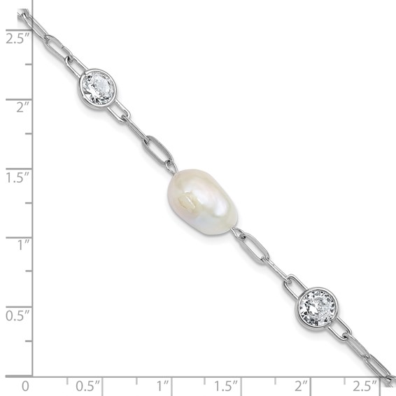 Cheryl M Sterling Silver Rhodium-plated Polished Freshwater Cultured Pearl and CZ Link with .75 Inch Extension Bracelet