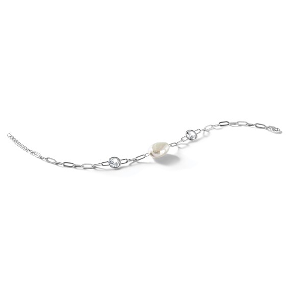 Cheryl M Sterling Silver Rhodium-plated Polished Freshwater Cultured Pearl and CZ Link with .75 Inch Extension Bracelet