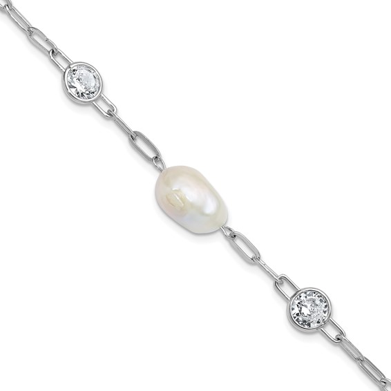 Cheryl M Sterling Silver Rhodium-plated Polished Freshwater Cultured Pearl and CZ Link with .75 Inch Extension Bracelet