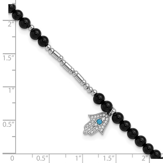 Cheryl M Sterling Silver Rhodium-plated Polished Onyx Crystal and CZ Hamsa 9.5 Inch with 1 Inch Extension Anklet