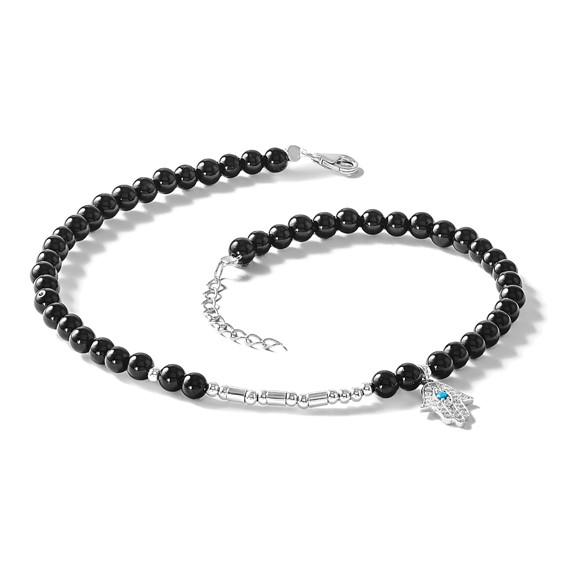 Cheryl M Sterling Silver Rhodium-plated Polished Onyx Crystal and CZ Hamsa 9.5 Inch with 1 Inch Extension Anklet