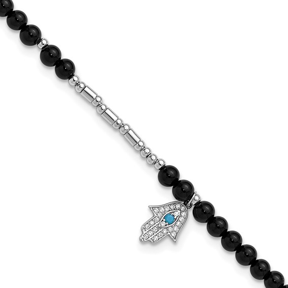 Cheryl M Sterling Silver Rhodium-plated Polished Onyx Crystal and CZ Hamsa 9.5 Inch with 1 Inch Extension Anklet