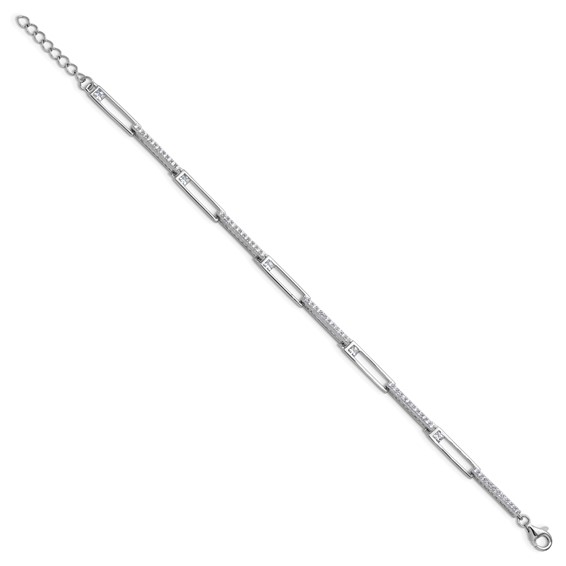 Cheryl M Sterling Silver Rhodium-plated Polished CZ Rectangular Link with 1 Inch Extension Bracelet