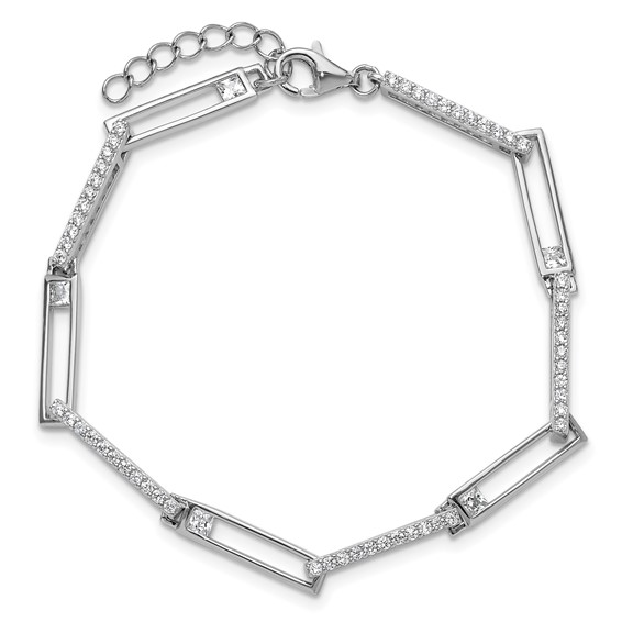 Cheryl M Sterling Silver Rhodium-plated Polished CZ Rectangular Link with 1 Inch Extension Bracelet
