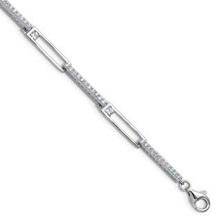 Cheryl M Sterling Silver Rhodium-plated Polished CZ Rectangular Link with 1 Inch Extension Bracelet