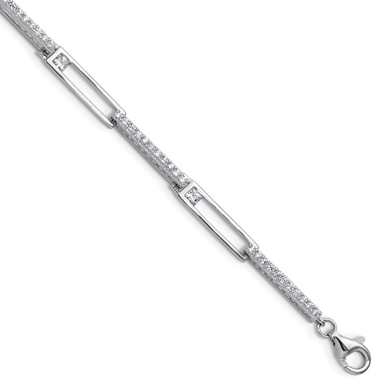 Cheryl M Sterling Silver Rhodium-plated Polished CZ Rectangular Link with 1 Inch Extension Bracelet