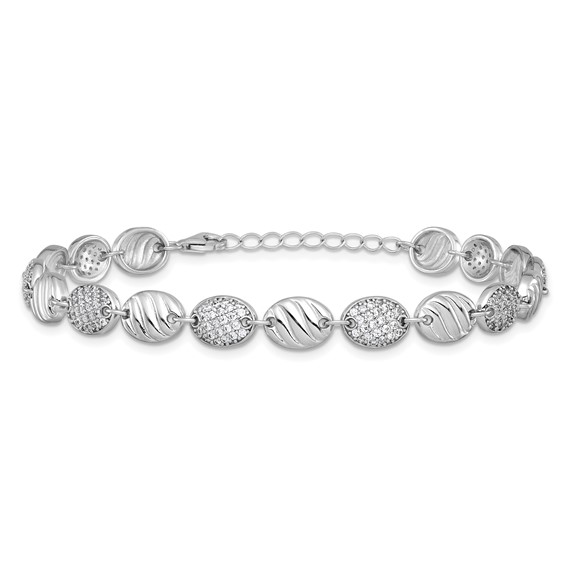 Cheryl M Sterling Silver Rhodium-plated Polished and Grooved CZ Ovals with 1 Inch Extension Bracelet