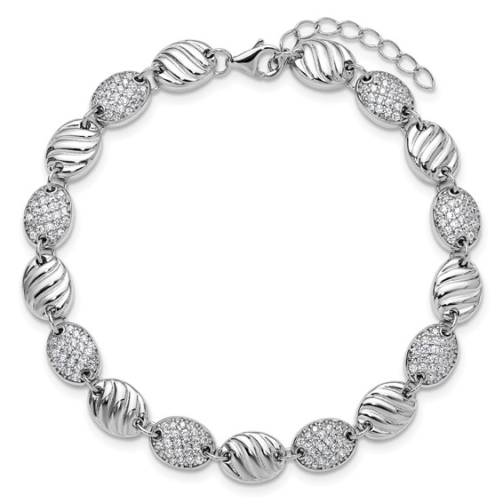 Cheryl M Sterling Silver Rhodium-plated Polished and Grooved CZ Ovals with 1 Inch Extension Bracelet