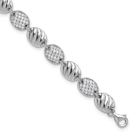 Cheryl M Sterling Silver Rhodium-plated Polished and Grooved CZ Ovals with 1 Inch Extension Bracelet