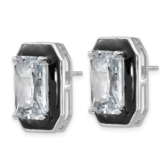 Cheryl M Sterling Silver Rhodium-plated Polished Black Enamel and Emerald-cut CZ Post Earrings