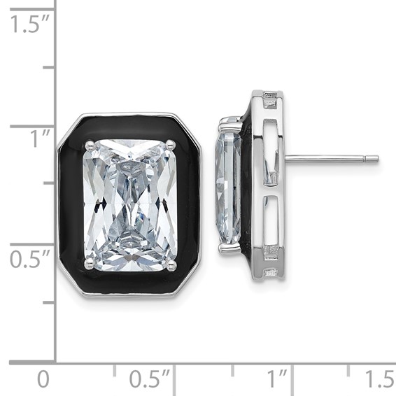 Cheryl M Sterling Silver Rhodium-plated Polished Black Enamel and Emerald-cut CZ Post Earrings