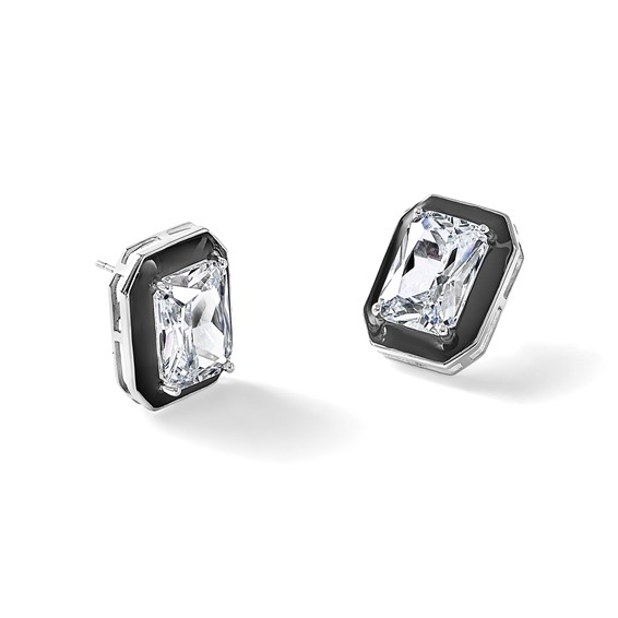 Cheryl M Sterling Silver Rhodium-plated Polished Black Enamel and Emerald-cut CZ Post Earrings