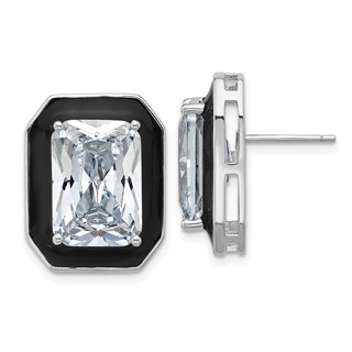 Cheryl M Sterling Silver Rhodium-plated Polished Black Enamel and Emerald-cut CZ Post Earrings