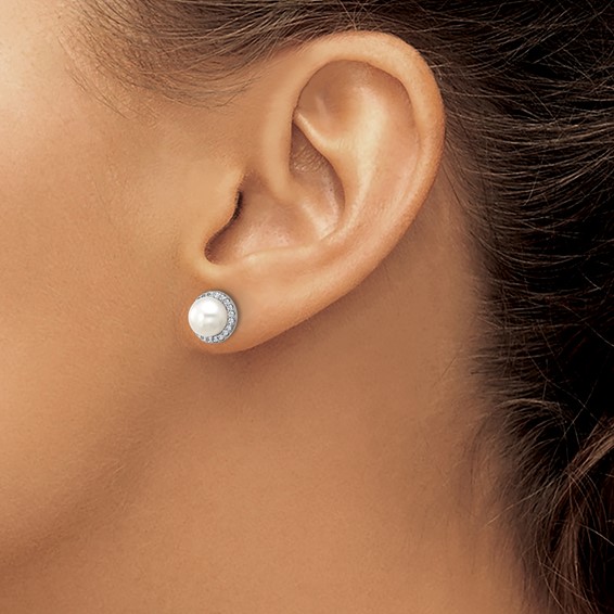 Cheryl M Sterling Silver Rhodium-plated Polished Freshwater Cultured Pearl and CZ Halo Post Earrings