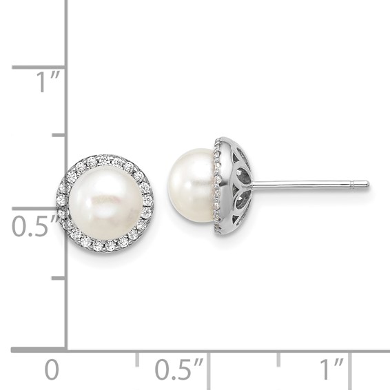 Cheryl M Sterling Silver Rhodium-plated Polished Freshwater Cultured Pearl and CZ Halo Post Earrings