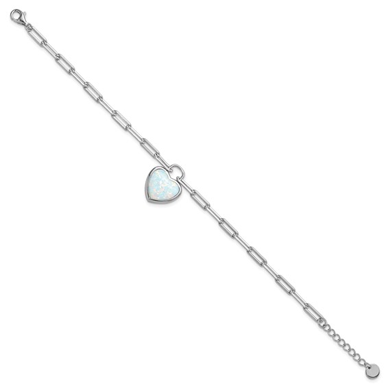 Cheryl M Sterling Silver Rhodium-plated Polished Created Opal Heart Paperclip Link with 1 Inch Extension Bracelet