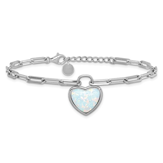 Cheryl M Sterling Silver Rhodium-plated Polished Created Opal Heart Paperclip Link with 1 Inch Extension Bracelet
