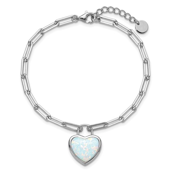 Cheryl M Sterling Silver Rhodium-plated Polished Created Opal Heart Paperclip Link with 1 Inch Extension Bracelet