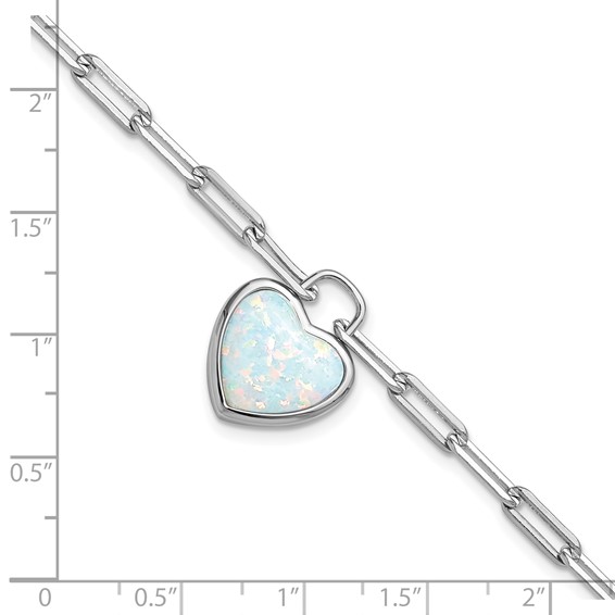 Cheryl M Sterling Silver Rhodium-plated Polished Created Opal Heart Paperclip Link with 1 Inch Extension Bracelet