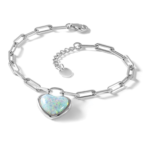 Cheryl M Sterling Silver Rhodium-plated Polished Created Opal Heart Paperclip Link with 1 Inch Extension Bracelet