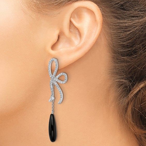 Cheryl M Sterling Silver Rhodium-plated Polished Fancy Onyx and CZ Bow Post Dangle Earrings