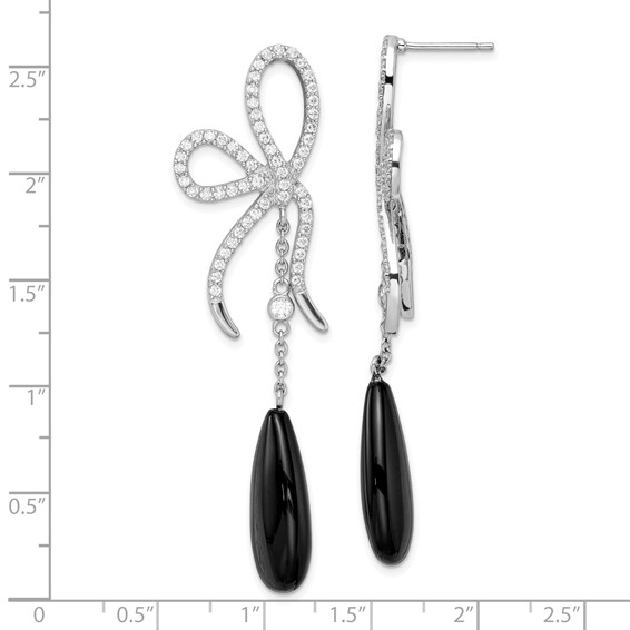 Cheryl M Sterling Silver Rhodium-plated Polished Fancy Onyx and CZ Bow Post Dangle Earrings