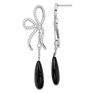 Cheryl M Sterling Silver Rhodium-plated Polished Fancy Onyx and CZ Bow Post Dangle Earrings