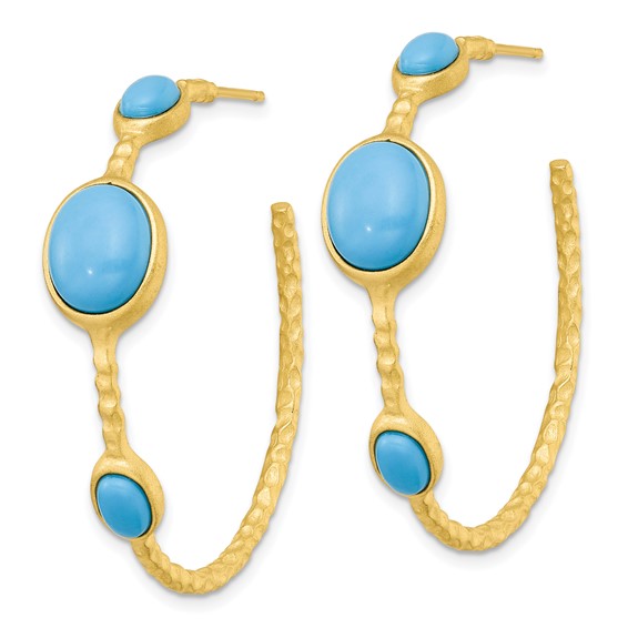 Cheryl M Sterling Silver Gold-plated Brushed and Hammered Lab Created Turquoise Post C-Hoop Earrings