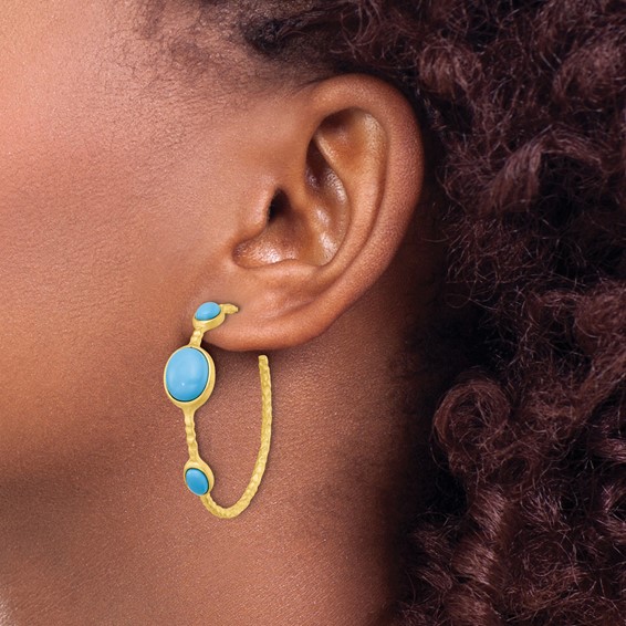 Cheryl M Sterling Silver Gold-plated Brushed and Hammered Lab Created Turquoise Post C-Hoop Earrings