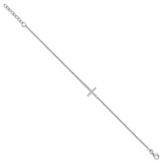 Cheryl M Sterling Silver Rhodium-plated Polished and Beaded CZ Cross 9.5 Inch with 1 Inch Extension Anklet