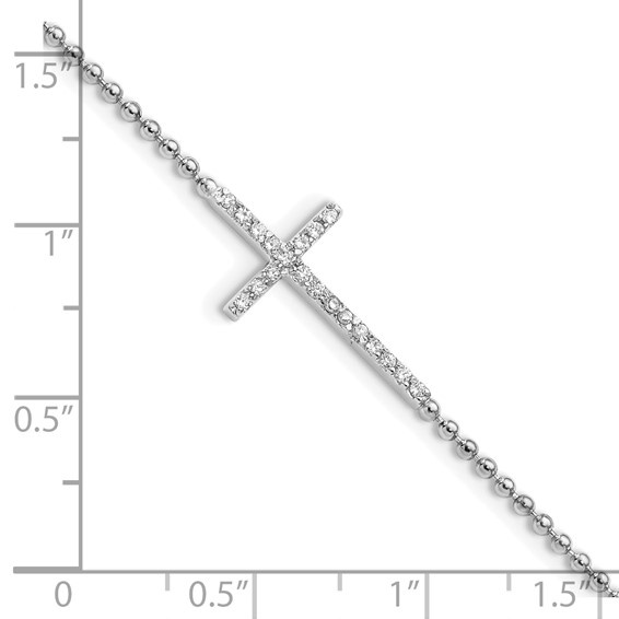 Cheryl M Sterling Silver Rhodium-plated Polished and Beaded CZ Cross 9.5 Inch with 1 Inch Extension Anklet