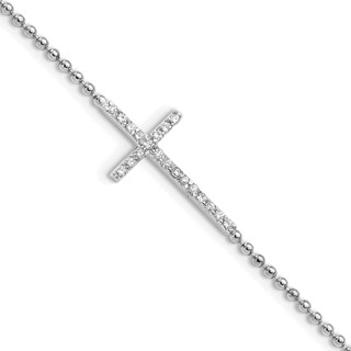 Cheryl M Sterling Silver Rhodium-plated Polished and Beaded CZ Cross 9.5 Inch with 1 Inch Extension Anklet