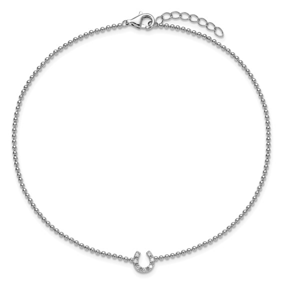 Cheryl M Sterling Silver Rhodium-plated Polished and Beaded CZ Horseshoe 9.5 Inch with 1 Inch Extension Anklet