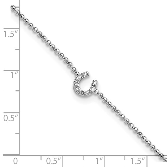 Cheryl M Sterling Silver Rhodium-plated Polished and Beaded CZ Horseshoe 9.5 Inch with 1 Inch Extension Anklet