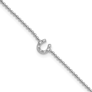 Cheryl M Sterling Silver Rhodium-plated Polished and Beaded CZ Horseshoe 9.5 Inch with 1 Inch Extension Anklet