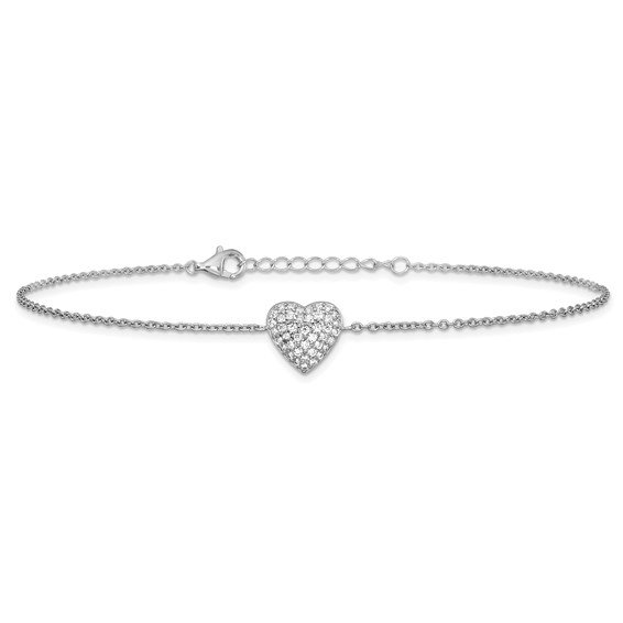 Cheryl M Sterling Silver Rhodium-plated Polished Pave CZ Heart 9.5 Inch with 1 Inch Extension Anklet
