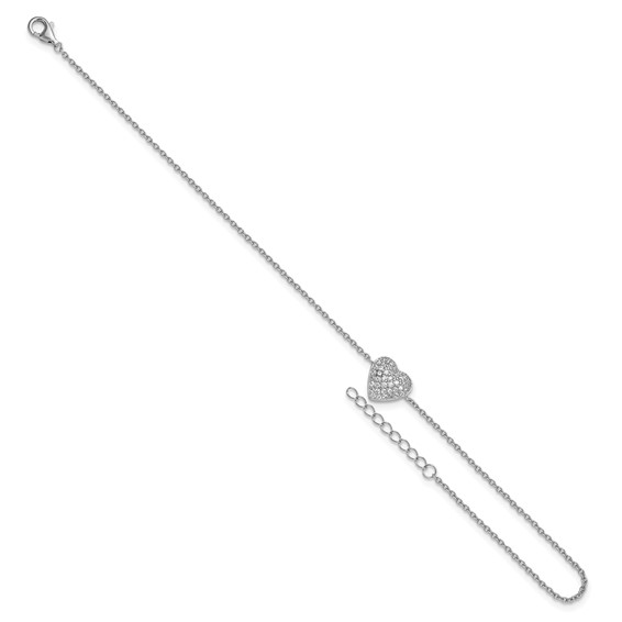 Cheryl M Sterling Silver Rhodium-plated Polished Pave CZ Heart 9.5 Inch with 1 Inch Extension Anklet