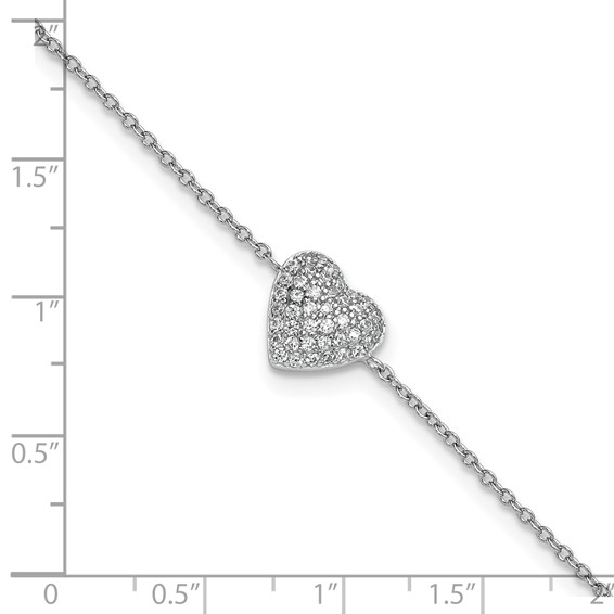 Cheryl M Sterling Silver Rhodium-plated Polished Pave CZ Heart 9.5 Inch with 1 Inch Extension Anklet