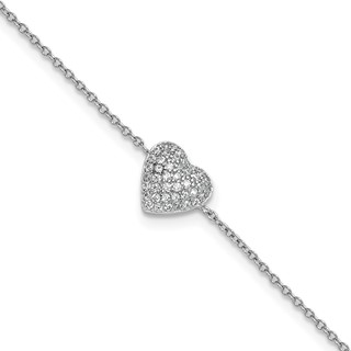 Cheryl M Sterling Silver Rhodium-plated Polished Pave CZ Heart 9.5 Inch with 1 Inch Extension Anklet