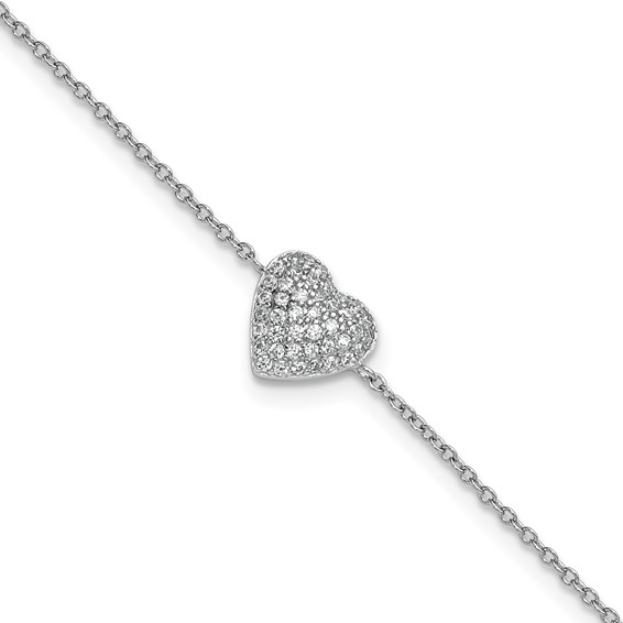 Cheryl M Sterling Silver Rhodium-plated Polished Pave CZ Heart 9.5 Inch with 1 Inch Extension Anklet