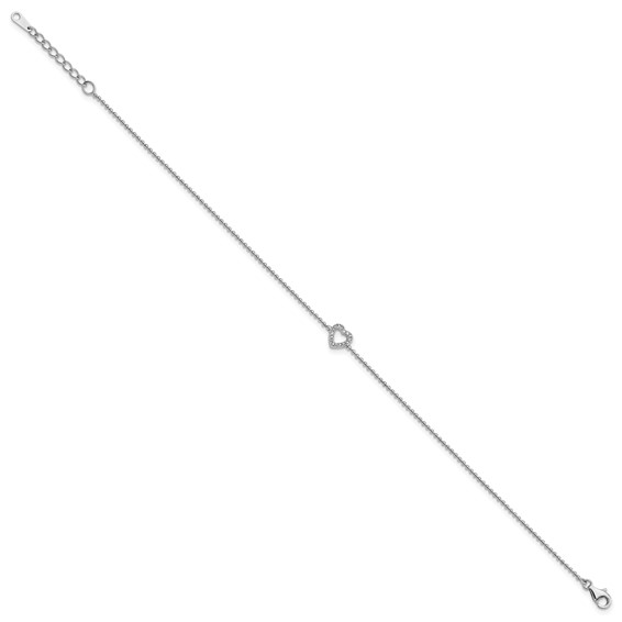 Cheryl M Sterling Silver Rhodium-plated Polished and Beaded CZ Heart 9.5 Inch with 1 Inch Extension Anklet