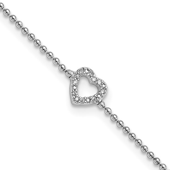 Cheryl M Sterling Silver Rhodium-plated Polished and Beaded CZ Heart 9.5 Inch with 1 Inch Extension Anklet