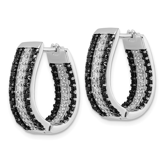 Cheryl M Sterling Silver Rhodium-plated Polished Black and White CZ Oval In and Out Hoop Earrings