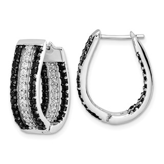 Cheryl M Sterling Silver Rhodium-plated Polished Black and White CZ Oval In and Out Hoop Earrings