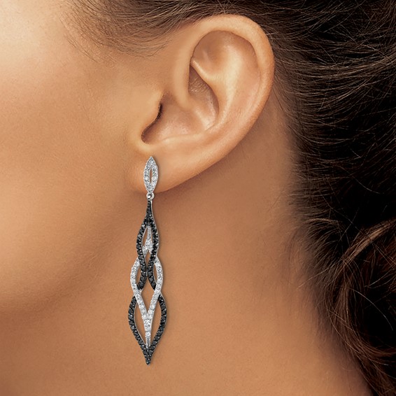 Cheryl M Sterling Silver Rhodium-plated with Black Rhodium Polished Fancy Black and White CZ Post Dangle Earrings