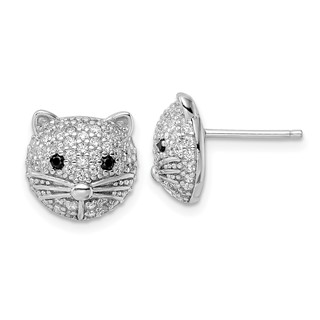 Cheryl M Sterling Silver Rhodium-plated Polished Black and White CZ Cat Post Earrings