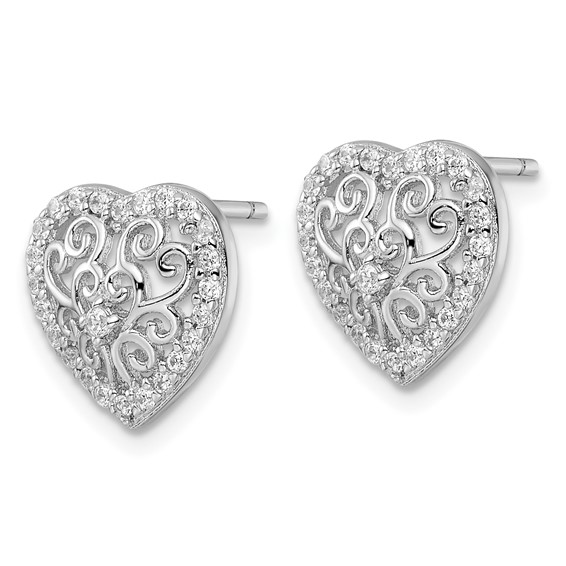 Cheryl M Sterling Silver Rhodium-plated Polished CZ Filigree Heart Post Earrings