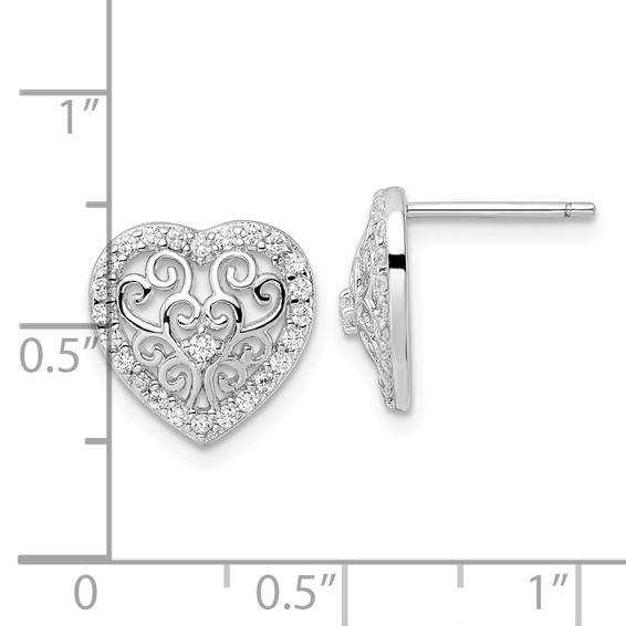 Cheryl M Sterling Silver Rhodium-plated Polished CZ Filigree Heart Post Earrings